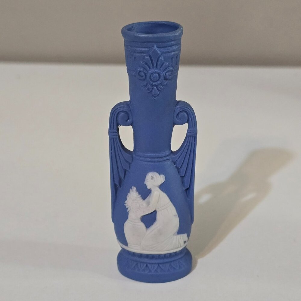 Vintage Miniature Wedgewood Style Jasperware Blue & White Vase Japan
